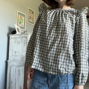 J. Crew Green Checkered Top with Lace Trim